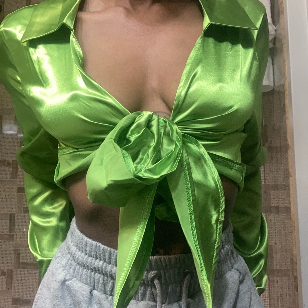 SATIN GREEN TIE FRONT BLOUSE